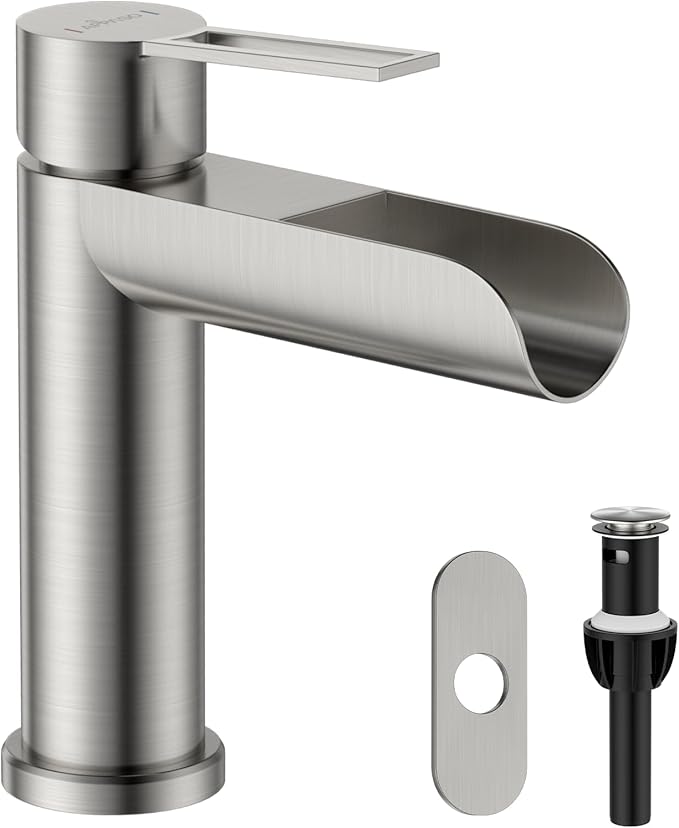 APPASO Brushed Nickel Bathroom Faucet 1 Hole, Single Handle Stainless Steel Sink Faucet with Pop-Up Drain and Deck Plate, Easy Installation Single Hole Waterfall Faucets for Bathroom Vanity Laundry