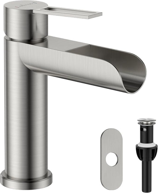 APPASO Brushed Nickel Bathroom Faucet 1 Hole, Single Handle Stainless Steel Sink Faucet with Pop-Up Drain and Deck Plate, Easy Installation Single Hole Waterfall Faucets for Bathroom Vanity Laundry