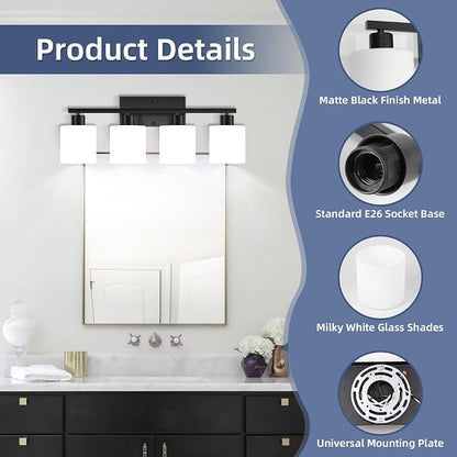 SILAMPDI Black Bathroom Light Fixtures Over Mirror, 4-Light Vanity Lights for Bathroom, Modern Wall Sconces Lighting for Bedroom Living Room, Milky White Glass Shades, E26 Base, Bulbs Not Included