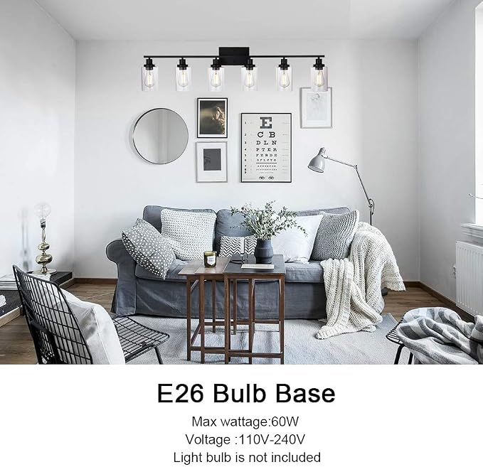 MELUCEE Black Vanity Light Fixture 6-Light with Clear Glass Shade | Industrial Metal Wall Sconce Bathroom Lighting for Bedroom Hallway Kitchen,(Patent No.: US D963914 S)