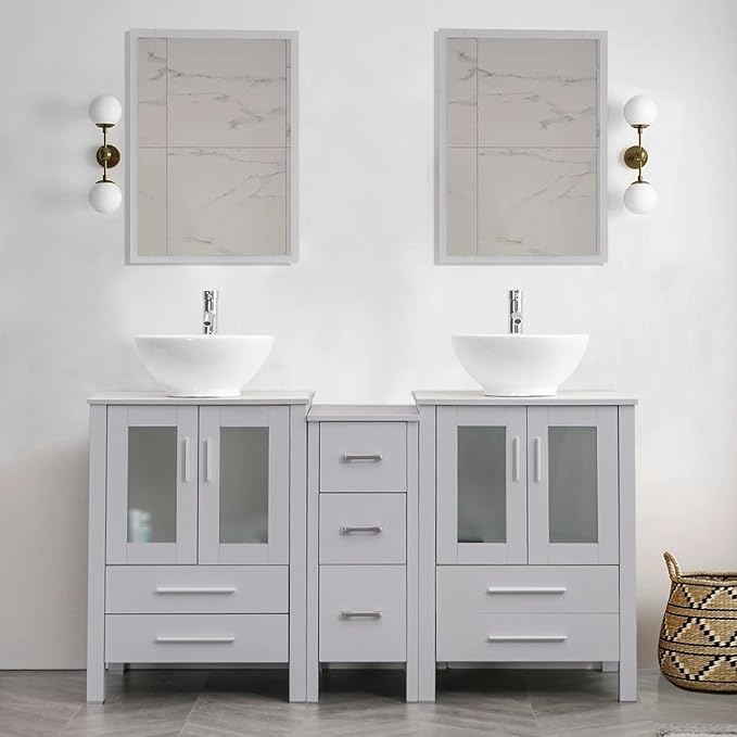 UEV 60" Modern Bathroom Vanity Set in Grey, Double Bathroom Vanities with Sink Combos and Removable Side Cabinet, Bathroom Vanity Set for Bathroom & Toilet,Mirror Not Included (A06)