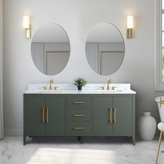 Vanity Art 72 inch Bathroom Vanity with Double Sink & Ceramic Top, Vanity Cabinet with Soft-Closing Doors, Drawers, Solid Wood Frame, Vintage Green, Golden Brushed Handware