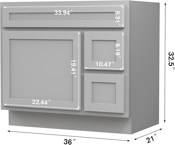 Vanity Art 36 Inch Single Bathroom Vanity Base Only Cabinet Rustic Bathroom Vanity with Drawers, Sturdy Floor Mounted Storage Cabinet Organizer for Bedroom, Living Room, Kitchen, Grey