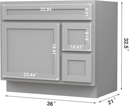 Vanity Art 36 Inch Single Bathroom Vanity Base Only Cabinet Rustic Bathroom Vanity with Drawers, Sturdy Floor Mounted Storage Cabinet Organizer for Bedroom, Living Room, Kitchen, Grey