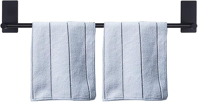 NearMoon Self Adhesive Bathroom Towel Bar- Stainless Steel Bath Wall Shelf Rack Hanging Towel Stick On Sticky Hanger Contemporary Style, NO Drilling (1 Pack, Matte Black, 24-Inch Towel Rack)