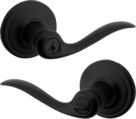 Kwikset Tustin Entry Door Handle with Lock and Key, Secure Keyed Reversible Lever Exterior, For Front Entrance and Bedrooms, Matte Black, Pick Resistant Smartkey Rekey Security and Microban