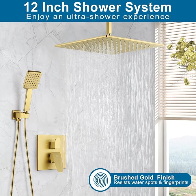 12 Inch Ceiling Mount Shower Faucet Set Brushed Gold Ceiling Rainfall Shower Head and Handle Set Bathroom Rain Shower System Include Shower Valve and Trim Kit