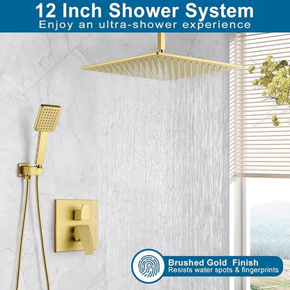 12 Inch Ceiling Mount Shower Faucet Set Brushed Gold Ceiling Rainfall Shower Head and Handle Set Bathroom Rain Shower System Include Shower Valve and Trim Kit