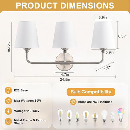 Bathroom Light Fixtures, 3-Light Brushed Nickel Vanity Lights, 25" Bathroom Lighting Fixtures Over Mirror with White Flared Fabric Shade, Modern Wall Sconces for Bathroom Bedroom Living Room Hallway