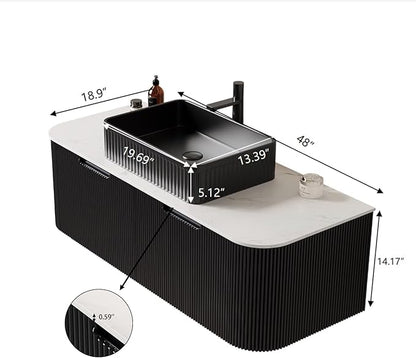 Yayzy 48" Floating Bathroom Vanity with Sink, Solid Wood Fluted Cabinet, Black Fluted Square Ceramic Basin & Faux Marble Top, Soft-Close Drawer, Pre-Assembled, Gloss Black