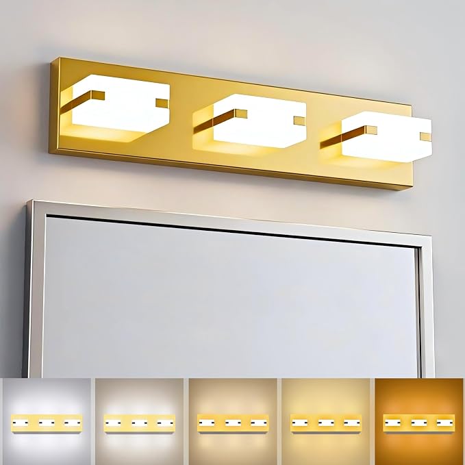 LED Bathroom Light Fixtures, 3-Light Modern Vanity Lights with Milky White Frosted Acrylic Shades, Gold Bathroom Lighting Fixtures Over Mirror, ETL Listed, 20W 5CCT Adjustable