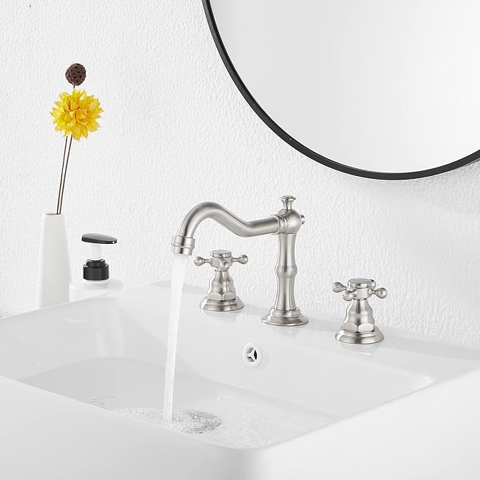 GGStudy Two Handles Three Holes Faucet 8-16 inch Widespread Bathroom Sink Faucet Brushed Nickel Basin Tap Mixer Faucet Matching Metal Pop Up Drain
