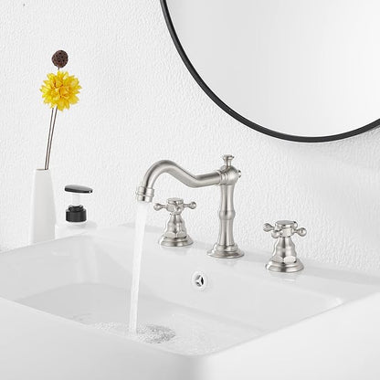 GGStudy Two Handles Three Holes Faucet 8-16 inch Widespread Bathroom Sink Faucet Brushed Nickel Basin Tap Mixer Faucet Matching Metal Pop Up Drain