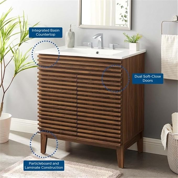 Modway Render 30" Bathroom Vanity with Sink in Walnut White