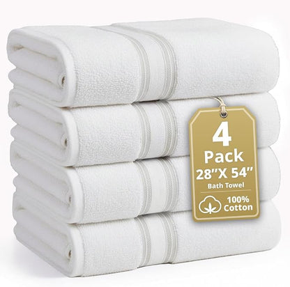 LANE LINEN Large Bath Towel Set Absorbent Quick Dry 100% Cotton - White | Bath Towels Set Of 4 - Fade-Resistant Color, Classic Terry Weave, Densely Woven, Coordinated Colors, Dobby Border Accent