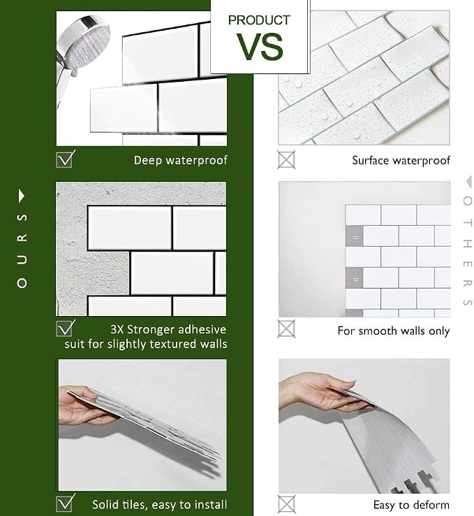 STICKGOO 10-Sheet Backsplash Peel and Stick Subway Tile, Self Adhesive Vinyl Wall Tiles, Stick on Backsplash for Kitchen and Bathroom(Thicker Design, White with Black Grout)