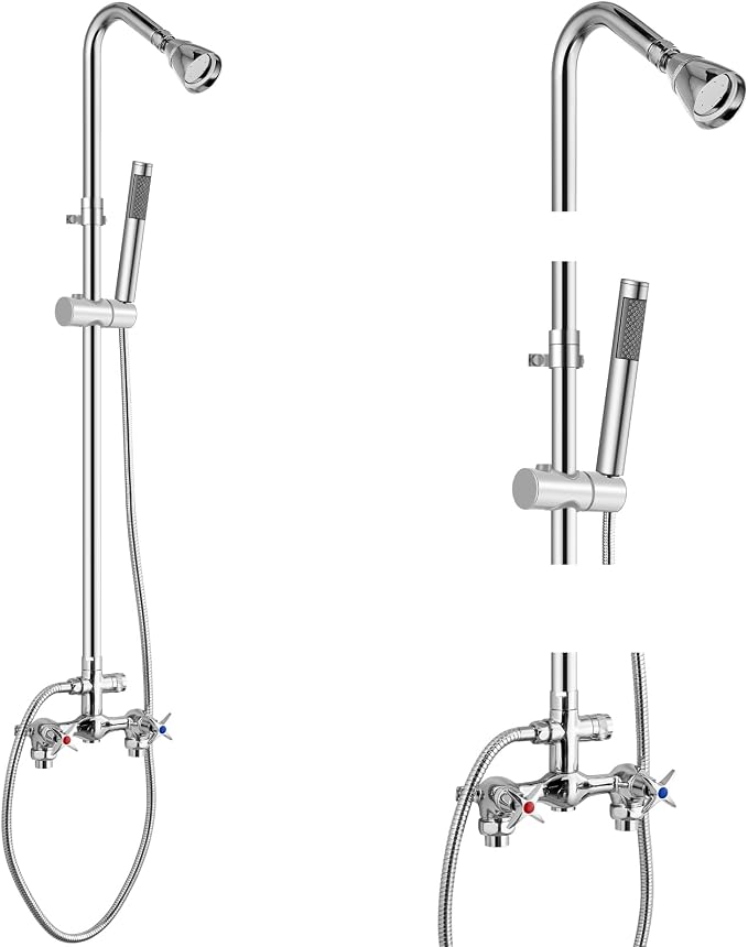 Aolemi Outdoor Shower Kit with Handheld,Round Rain Shower,Polish Chrome | 2-Handle Hot and Cold Control, Adjustable Height, 6-Inch Center Valve, 59-Inch Hose, Winter Drainage Outdoor Shower Fixtures