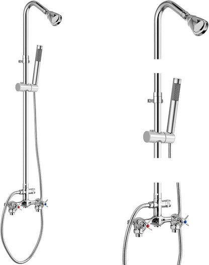 Aolemi Outdoor Shower Kit with Handheld,Round Rain Shower,Polish Chrome | 2-Handle Hot and Cold Control, Adjustable Height, 6-Inch Center Valve, 59-Inch Hose, Winter Drainage Outdoor Shower Fixtures