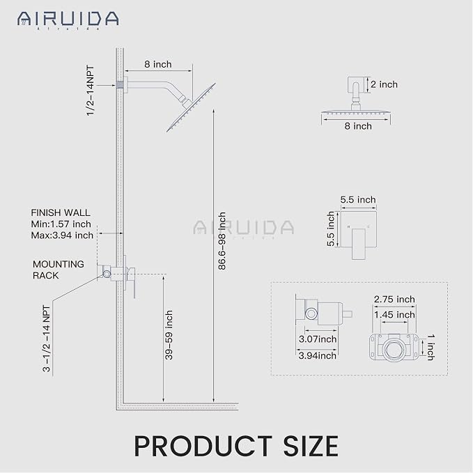 Airuida Brushed Gold Shower Faucet Set,8 Inch Shower Valve Kit