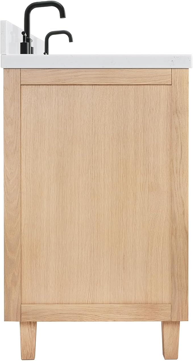 ARIEL Monroe 72-inch Bathroom Vanity with Sink,Solid Wood, 1.5-inch Carrara White Quartz Countertop & Backsplash, Double Oval Porcelain Sink, 9 Dovetail Drawers, Matte Black, White Oak