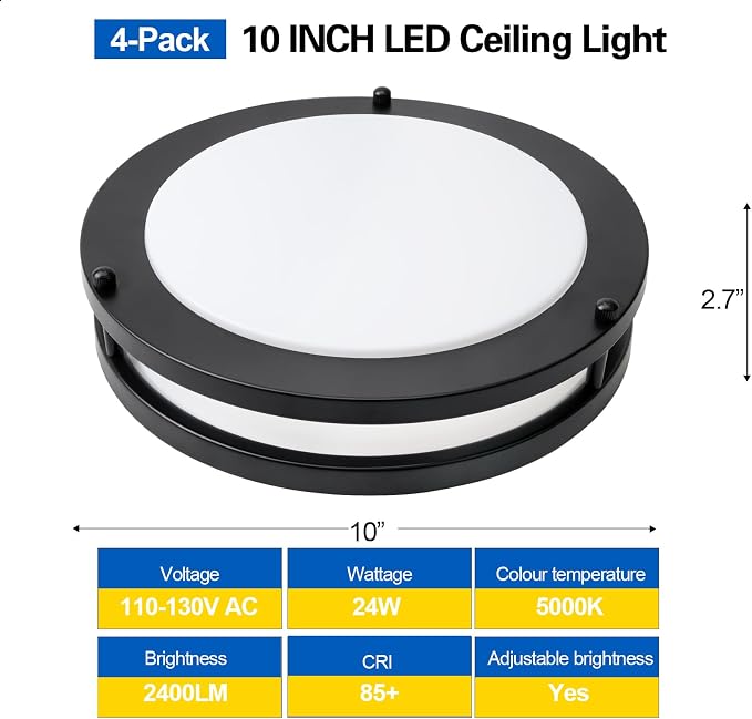 10inch LED Flush Mount Ceiling Light Fixture Dimmable Matte Black, Easy Install LED Ceiling Lamp Fixture Without Flicker, Super Bright 24W 2400LM 5000K 2-Pack