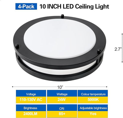 10inch LED Flush Mount Ceiling Light Fixture Dimmable Matte Black, Easy Install LED Ceiling Lamp Fixture Without Flicker, Super Bright 24W 2400LM 5000K 2-Pack