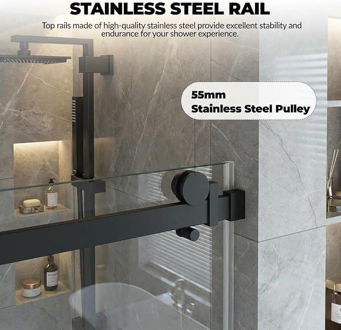 44-48" W x 76" H Sliding Shower Door, 1/4 Inch (6mm) Clear Tempered Glass, Matte Black Square Rail, Space-Saving Design for Modern Bathrooms