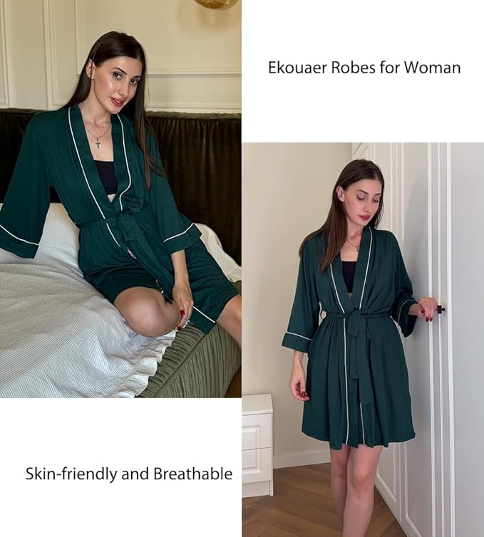 Ekouaer Women Kimono Robes Knee Length Knit Bathrobe Lightweight Soft Sleepwear V-neck Casual Ladies Loungewear