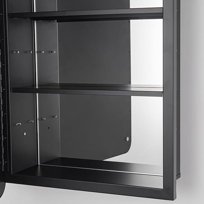 Black Bathroom Medicine Cabinet with Mirror 17 x 27 Metal Frame Recessed Or Wall Mounted Single Door Storage Medicine Cabinets with Adjustable Shelves Rounded Corner Beveled Mirrors