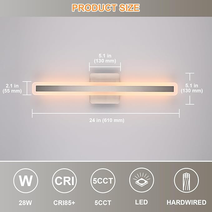 28W Modern Vanity Lights for Bathroom 24.0 Inch LED Vanity Bar Light 5CCT Dimmable Brushed Nickel Wall Sconces LED Bathroom Lighting Fixtures Over Mirror for Bath Room Cabinets Bedroom