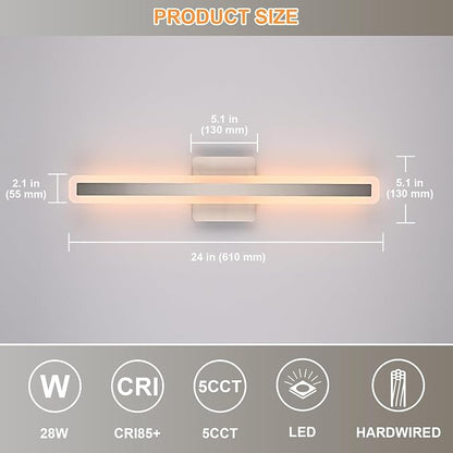 28W Modern Vanity Lights for Bathroom 24.0 Inch LED Vanity Bar Light 5CCT Dimmable Brushed Nickel Wall Sconces LED Bathroom Lighting Fixtures Over Mirror for Bath Room Cabinets Bedroom