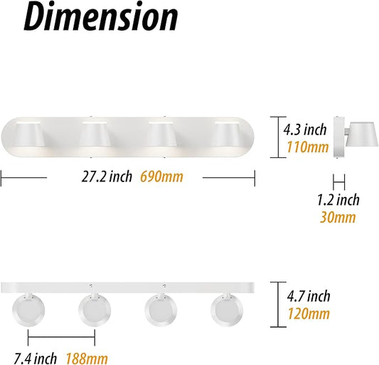 URSOLA 4 Light Bathroom Vanity Light LED White Wall Light Fixtures Up and Down Rotatable Dimmable 27 inch Bathroom Lighting