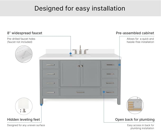 ARIEL Cambridge 60-inch Bathroom Vanity with Sink,Solid Wood, 1.5-inch Pure White Quartz Countertop & Backsplash, Single Rectangular Porcelain Sink, 2 Soft Closing Doors, 9 Dovetail Drawers, Grey