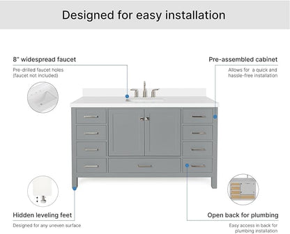 ARIEL Cambridge 60-inch Bathroom Vanity with Sink,Solid Wood, 1.5-inch Pure White Quartz Countertop & Backsplash, Single Rectangular Porcelain Sink, 2 Soft Closing Doors, 9 Dovetail Drawers, Grey