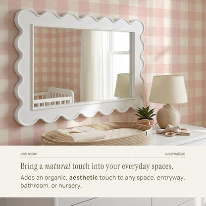 CAALMA Scalloped Wall Mirror 24 x 36 Rectangular, Bathroom Mirror, Mirrors for wall Decor, Wooden Frame Mirrors for wall, Decorative Vanity Mirror, Nursery Decor, Entryway Mirror (White)