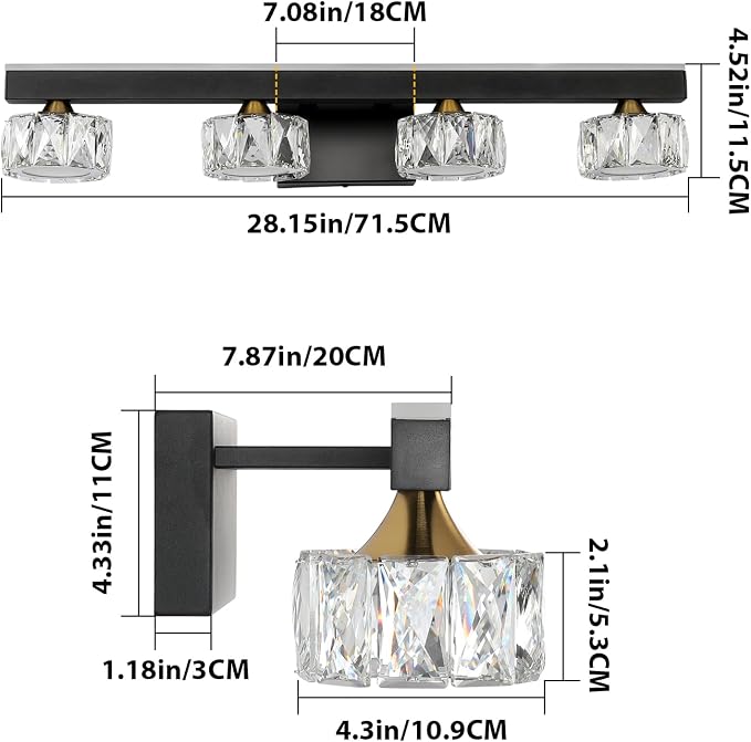 Black Crystal Bathroom Vanity Light Fixtures Over Mirror for Bathroom Lighting (4 Lights)