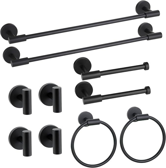 Matte Black Bathroom Hardware Accessories Towel Bar Set 10 Pieces | Stainless Steel Black Towel Rack Set, 19in Towel Bars Wall Mounted, Bathroom Towel Holders, Towel Rings, Towel Hooks
