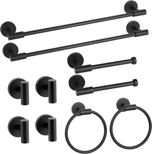 Matte Black Bathroom Hardware Accessories Towel Bar Set 10 Pieces | Stainless Steel Black Towel Rack Set, 19in Towel Bars Wall Mounted, Bathroom Towel Holders, Towel Rings, Towel Hooks