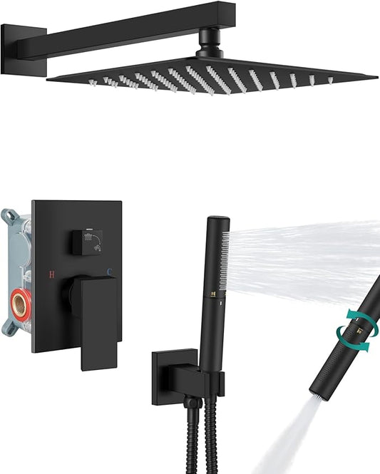 Aolemi Shower System with Rain Head and Handheld,12-Inch,Matte Black | High-Pressure Shower Faucet Set with Dual-Function Handheld,Rough-In Valve,1.8 GPM,Wall-Mount Trim Kit