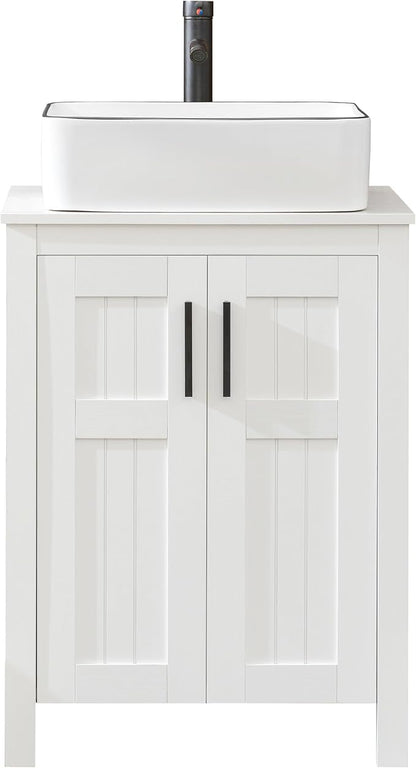 UEV White 24" Bathroom Vanity with Sink Combo,Modern Freestanding Sink Cabinet,Stylish Bathroom Vanity Cabinet,Grooved Double Doors,Metal Handles,with Modern Artistic Ceramic Vessel Sink Combo(031WH)
