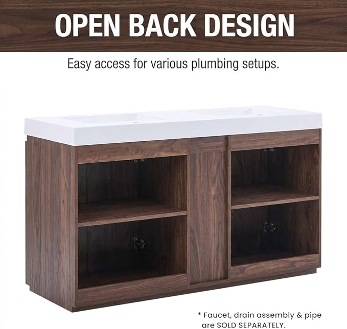 60" Double Bathroom Vanity with Sink Combo, Mid Century Modern Bathroom Cabinet with Doors & Shelves, Glossy White Integrated Sink with Overflow, Walnut