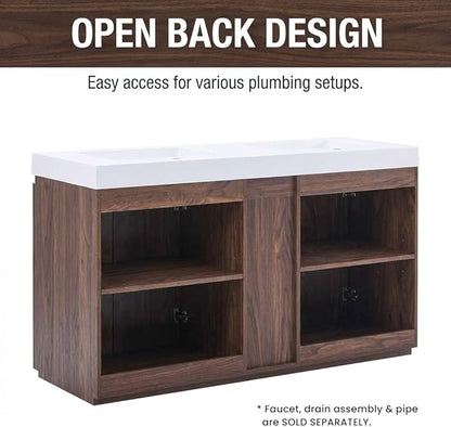 60" Double Bathroom Vanity with Sink Combo, Mid Century Modern Bathroom Cabinet with Doors & Shelves, Glossy White Integrated Sink with Overflow, Walnut