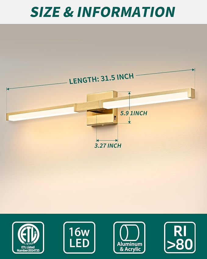 OKELI 32 Inch Bathroom Vanity Light Fixtures, Gold Modern Light Fixtures Over Mirror, 16W 5CCT Dimmable Wall Light