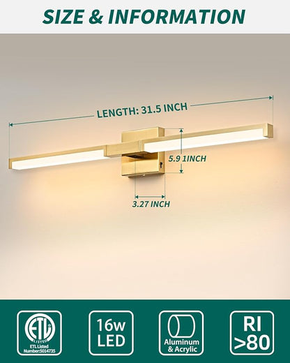 OKELI 32 Inch Bathroom Vanity Light Fixtures, Gold Modern Light Fixtures Over Mirror, 16W 5CCT Dimmable Wall Light- 2Pack
