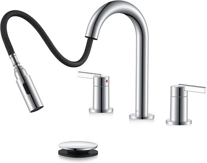 KENES Chrome Pull Down Bathroom Faucet, 8 Inch 2 Handle Widespread Bathroom Faucet 3 Hole with Pull Out Sprayer, Bathroom Sink Faucet with Pop Up Drain & Supply Lines LJ-9068-5