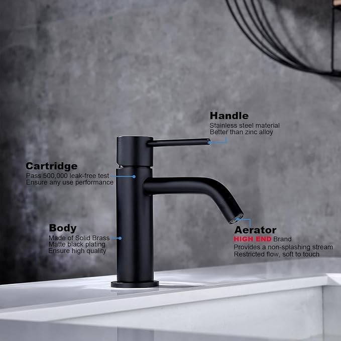 Single Hole Matte Black Bathroom Faucet with Pop Up Drain Assembly and Faucet Supply Hose, JXMMP Single Handle Lavatory Faucets for Sink, Black Sink Faucet Bathroom
