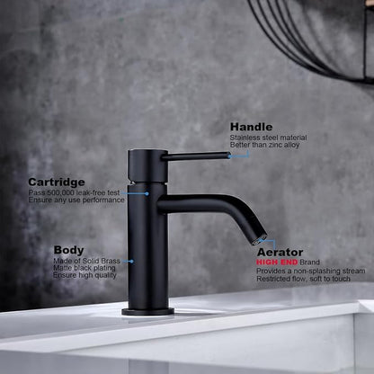 Single Hole Matte Black Bathroom Faucet with Pop Up Drain Assembly and Faucet Supply Hose, JXMMP Single Handle Lavatory Faucets for Sink, Black Sink Faucet Bathroom