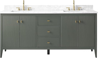 HOMEBEYOND 72" Bathroom Vanity with Double Sink, Solid Wood Bathroom Vanity Free-Standing Cabinet, Ceramic Top & Soft Closing Door, Golden Brushed Handware, Vintage Green
