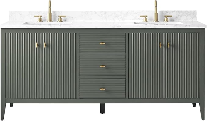 Vanity Art 72 inch Bathroom Vanity with Double Sink & Ceramic Top, Vanity Cabinet with Soft-Closing Door, Solid Wood Frame, Linear Pattern, Vintage Green, Golden Brushed Handware VA9172-DVG-GB