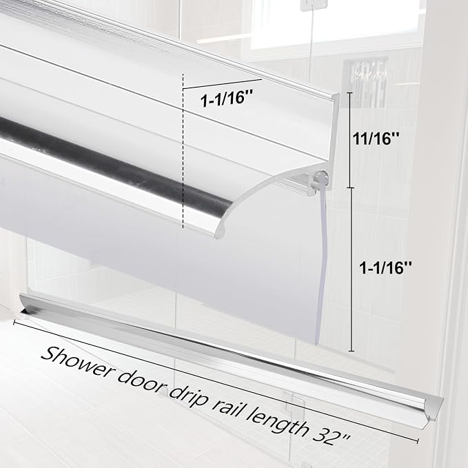 32" Shower Door Bottom Deflector for Chrome Framed Shower Door | Drip Rail Replacement with Vinyl Sweep,Attach pre adhesive installation tape and screws